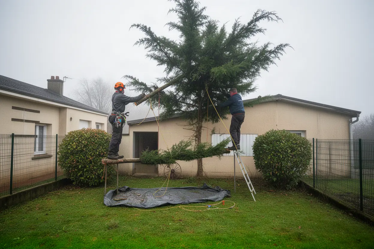 Arboriste démontant un arbre dangereux près du bâti à Limoges