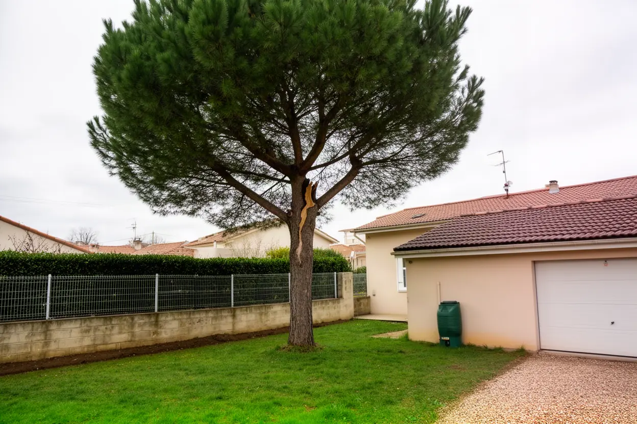 Pin incliné près d'une clôture avant abattage à Panazol