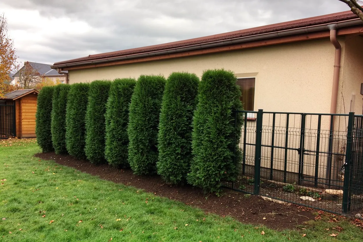 Conifères rabaissés régulièrement dans jardin à Isle