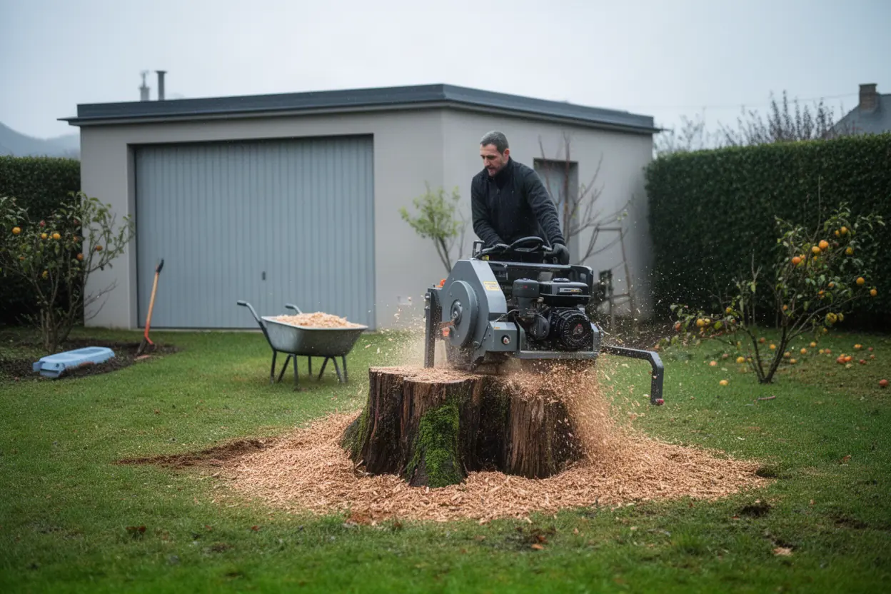 Rogneuse retirant une souche dans un jardin de Limoges