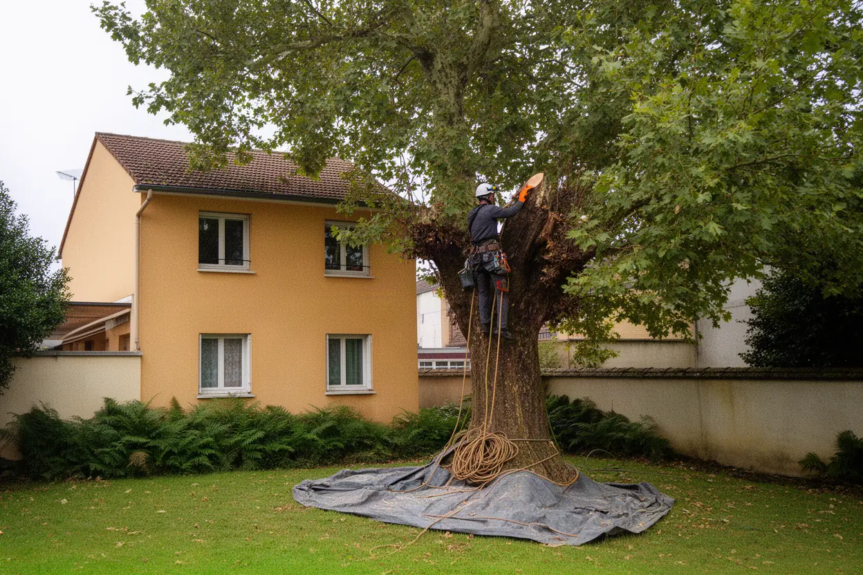 Élagueur taillant un grand arbre dans un jardin à Limoges