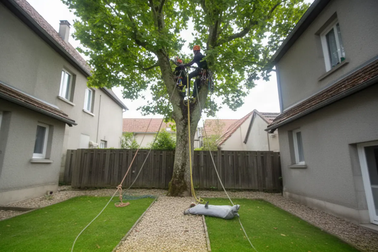 Arboriste grimpeur travaillant sur cordes dans un arbre à Panazol