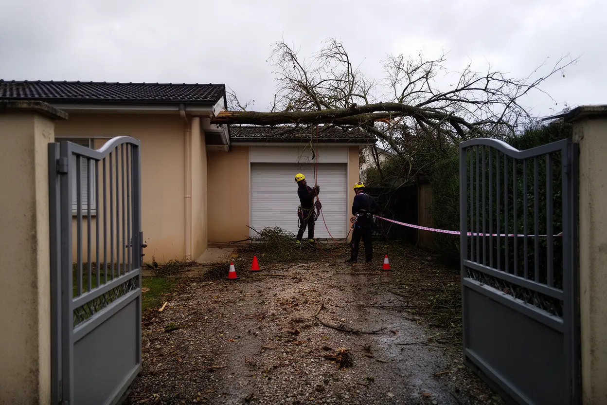 Élagueur sécurisant un arbre endommagé après tempête à Limoges