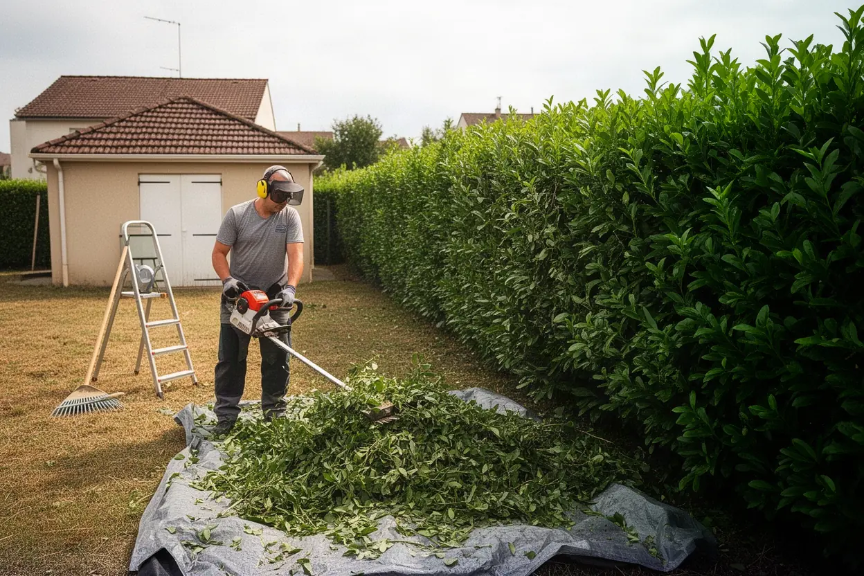 Taille d'une grande haie de lotissement à Panazol